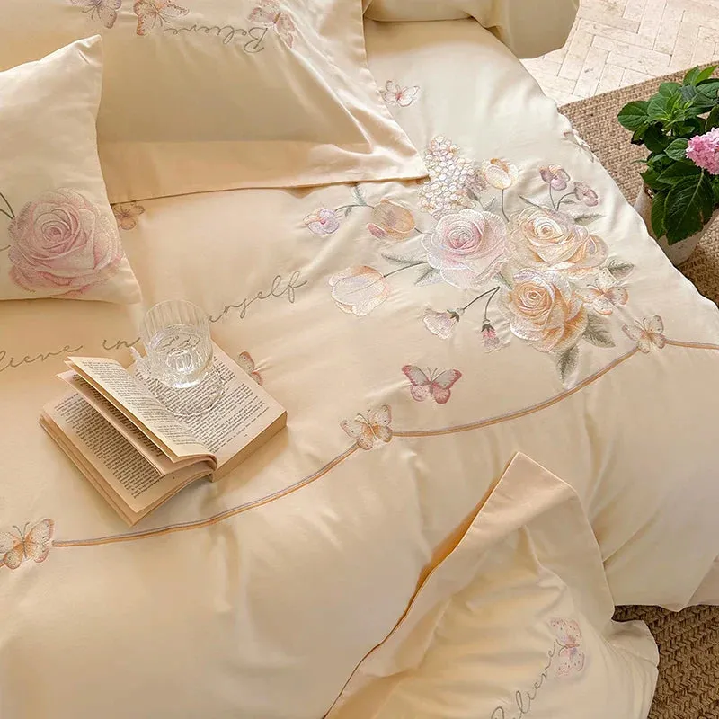 Flytonn-3/4Pcs Rose Flowers Embroidery Egyptian Cotton Brushed Bedding Set Single Queen King Size Duvet Cover Set Bed Sheet Pillowcases