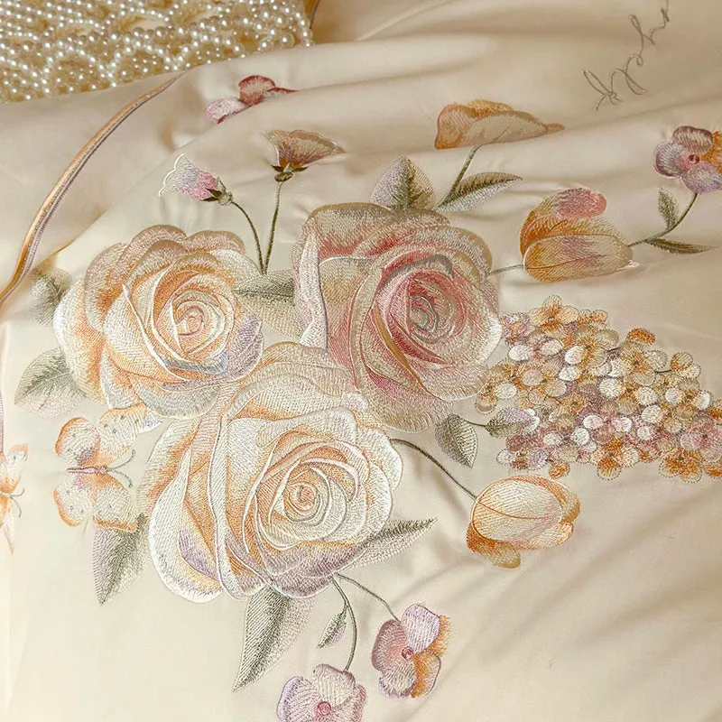 Flytonn-3/4Pcs Rose Flowers Embroidery Egyptian Cotton Brushed Bedding Set Single Queen King Size Duvet Cover Set Bed Sheet Pillowcases