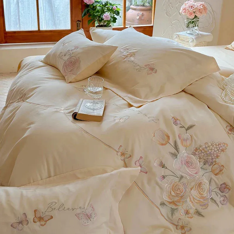 Flytonn-3/4Pcs Rose Flowers Embroidery Egyptian Cotton Brushed Bedding Set Single Queen King Size Duvet Cover Set Bed Sheet Pillowcases