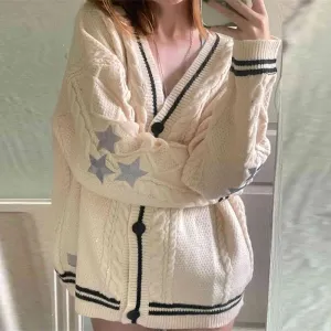 Flytonn-Chic Vintage Star Print Knitted Cardigan Preppy Cute Button Up V Neck Long Sleeve Coat Autumn Y2K Aesthetics Retro Sweater