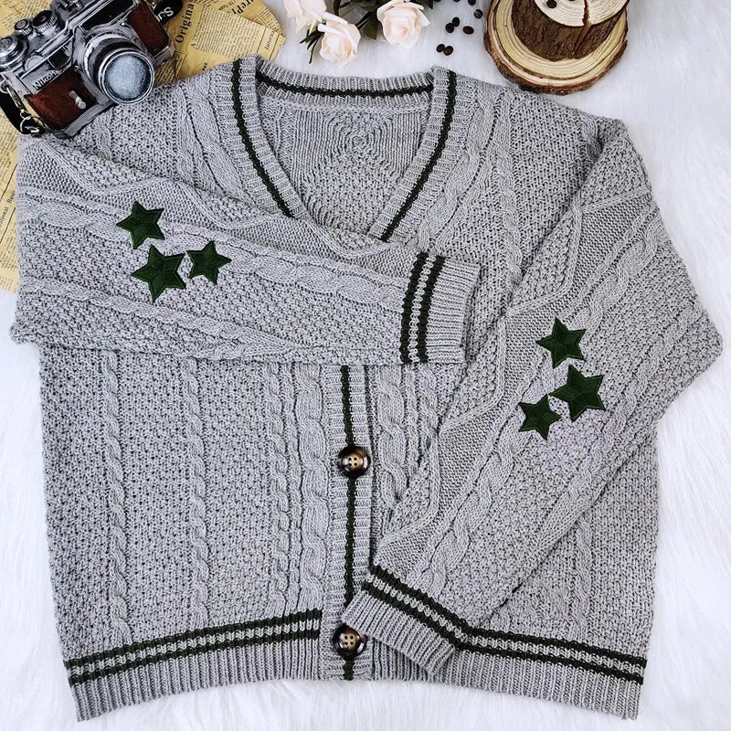 Flytonn-Chic Vintage Star Print Knitted Cardigan Preppy Cute Button Up V Neck Long Sleeve Coat Autumn Y2K Aesthetics Retro Sweater