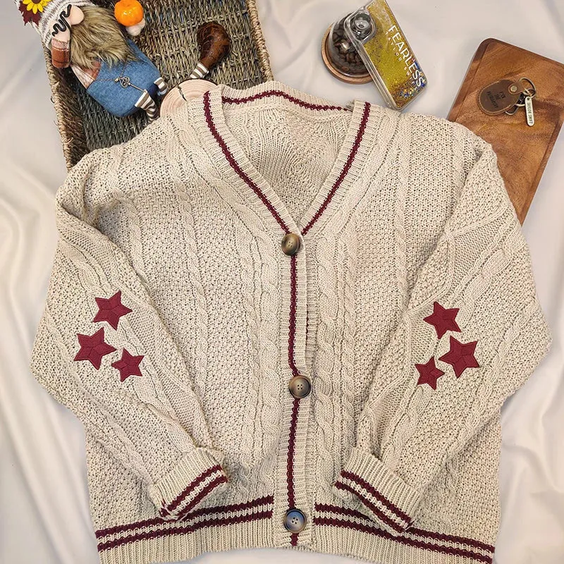 Flytonn-Chic Vintage Star Print Knitted Cardigan Preppy Cute Button Up V Neck Long Sleeve Coat Autumn Y2K Aesthetics Retro Sweater