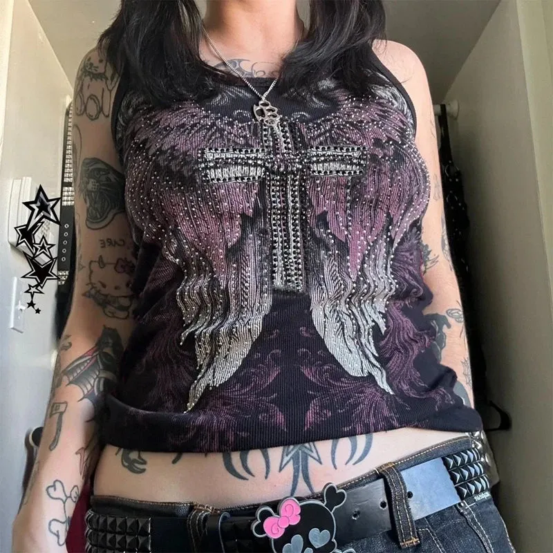 Flytonn-Mall Goth Cyber Graphic Wings Rhinestone Print Tank Top y2k Japanese Style Art Tee Women 2000s Vintage Punk Vest Streetwear