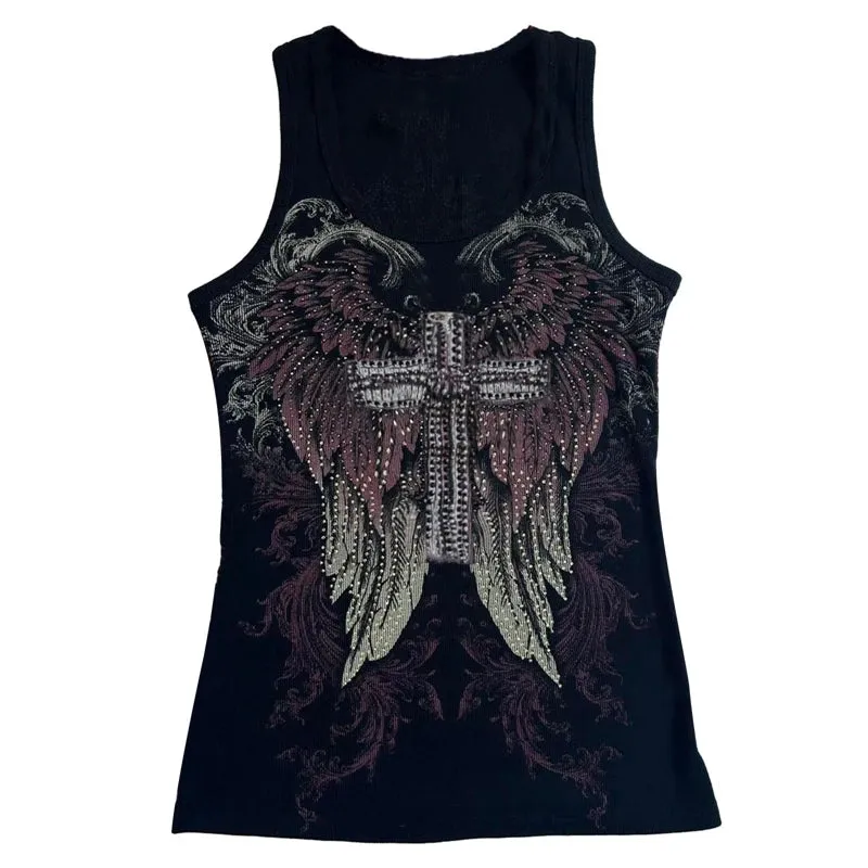 Flytonn-Mall Goth Cyber Graphic Wings Rhinestone Print Tank Top y2k Japanese Style Art Tee Women 2000s Vintage Punk Vest Streetwear