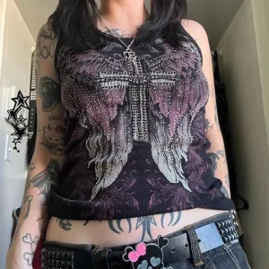 Flytonn-Mall Goth Cyber Graphic Wings Rhinestone Print Tank Top y2k Japanese Style Art Tee Women 2000s Vintage Punk Vest Streetwear