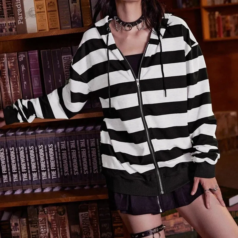 Flytonn-Vintage Stripe Hoodie Long Sleeve Loose Hooded Sweatshirt Women Preppy y2k Grunge 2000s Retro Autumn Hoodie Coat Streetwear