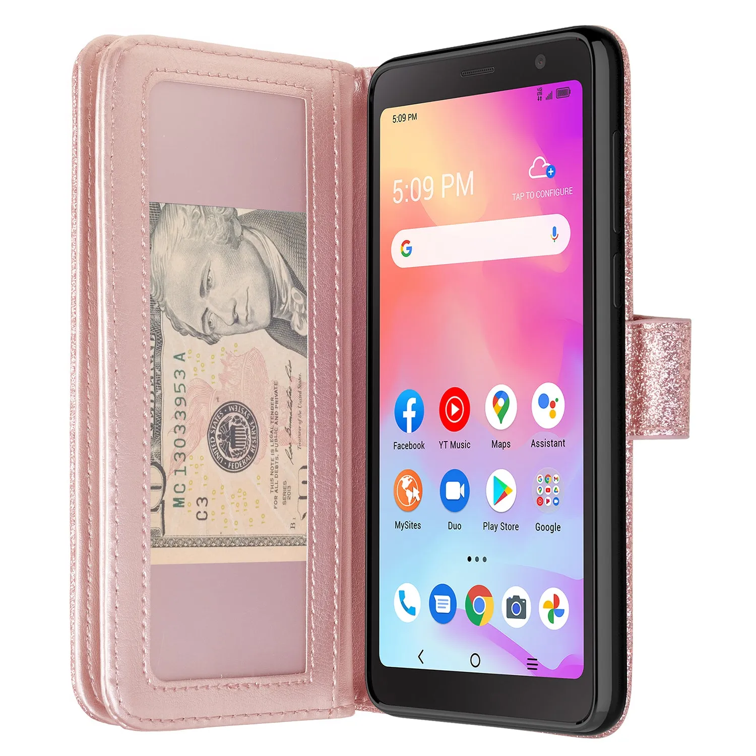 For TCL A3 Case, TCL A3 Case, Glitter Faux Leather Flip Credit Card Holder Wrist Strap Shockproof Protective Wallet Case Clutch for TCL A3 - Rose Gold