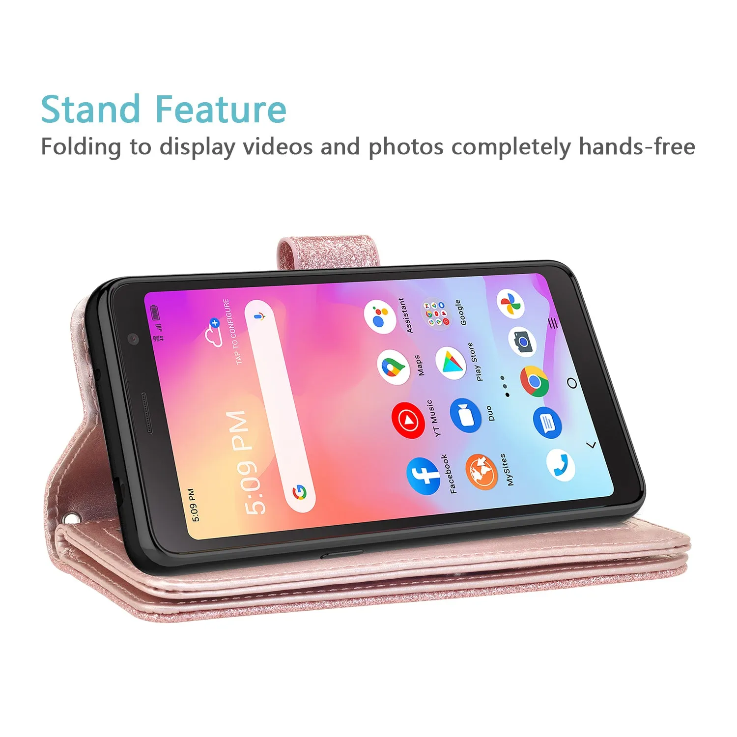 For TCL A3 Case, TCL A3 Case, Glitter Faux Leather Flip Credit Card Holder Wrist Strap Shockproof Protective Wallet Case Clutch for TCL A3 - Rose Gold