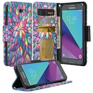 Galaxy J3 Emerge Case, Wrist Strap Magnetic Fold[Kickstand] Pu Leather Wallet Case with ID & Credit Card Slots for Samsung Galaxy J3 Emerge - Rainbow Flower