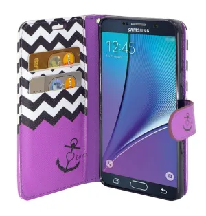 Galaxy Note 5 Case, Wrist Strap Magnetic Fold[Kickstand] Pu Leather Wallet Case with ID & Credit Card Slots for Samsung Galaxy Note 5 - Purple Anchor