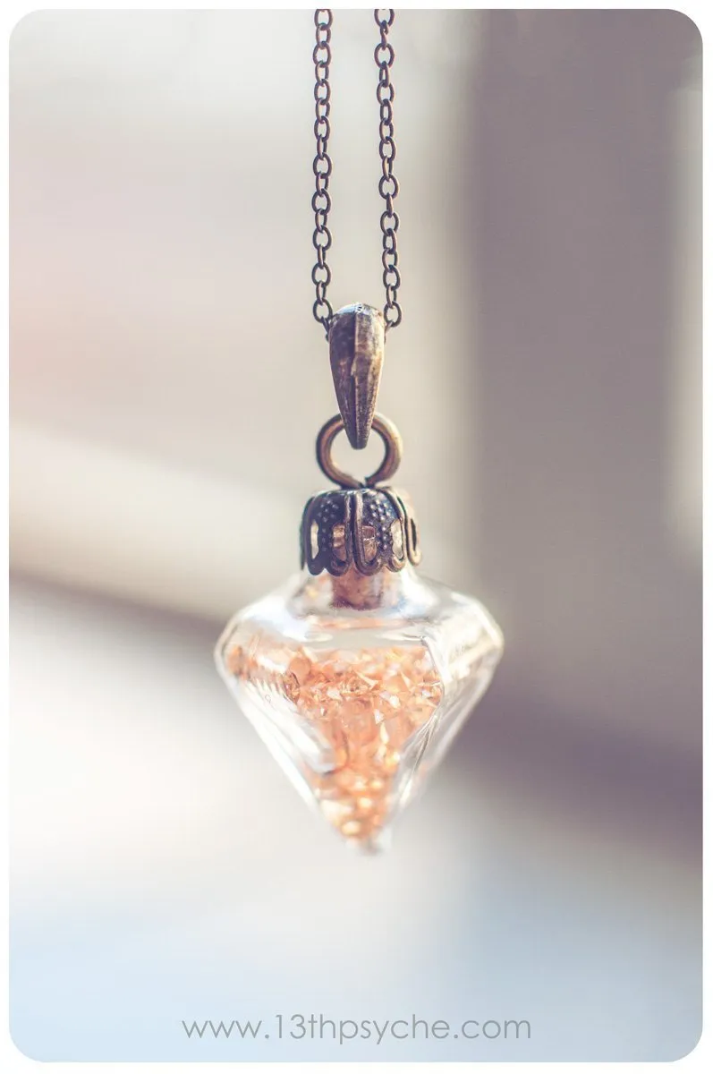 Glass pendulum diamond vial pendant necklace