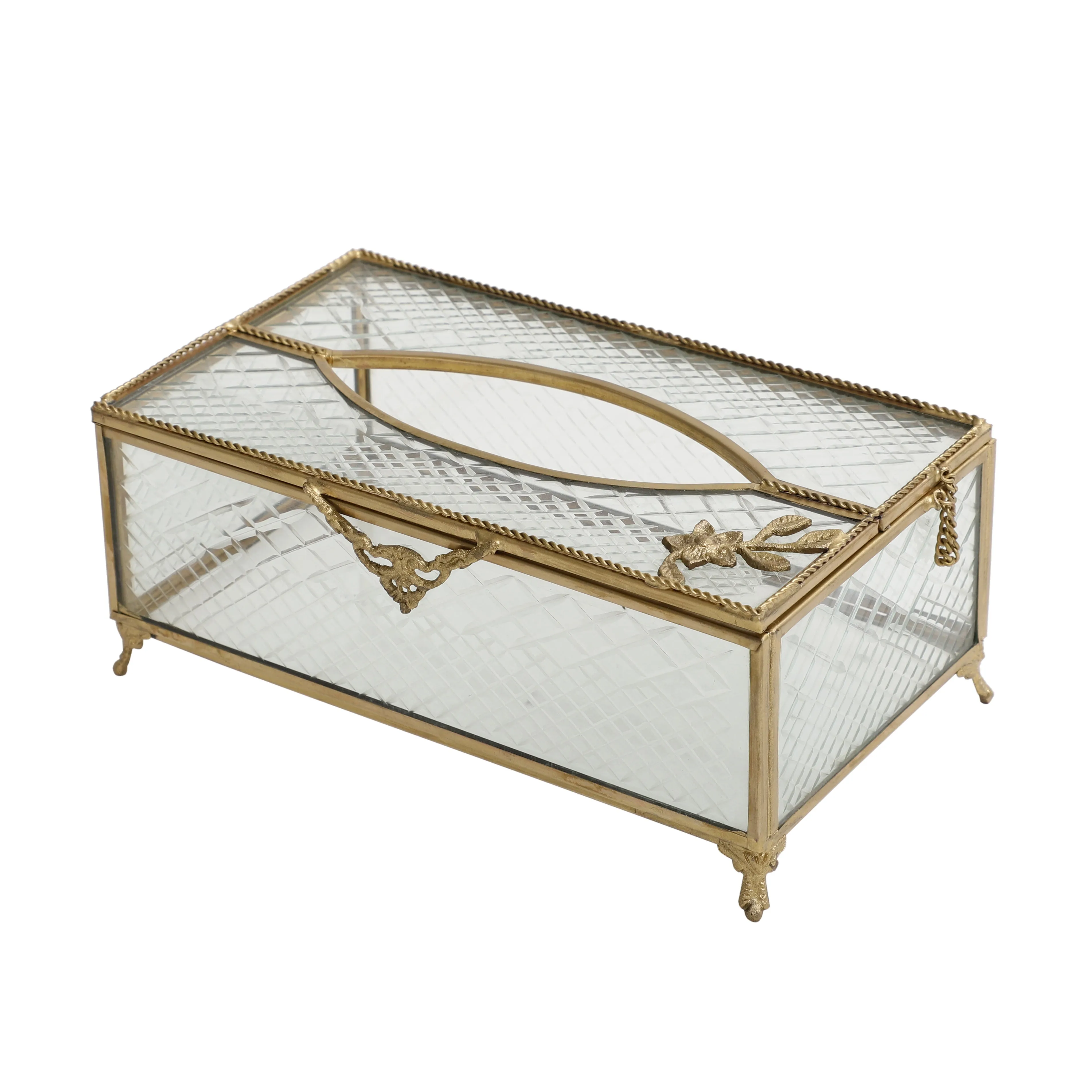 Gleaming Crackle Glass Tissue Box with Antique Brass