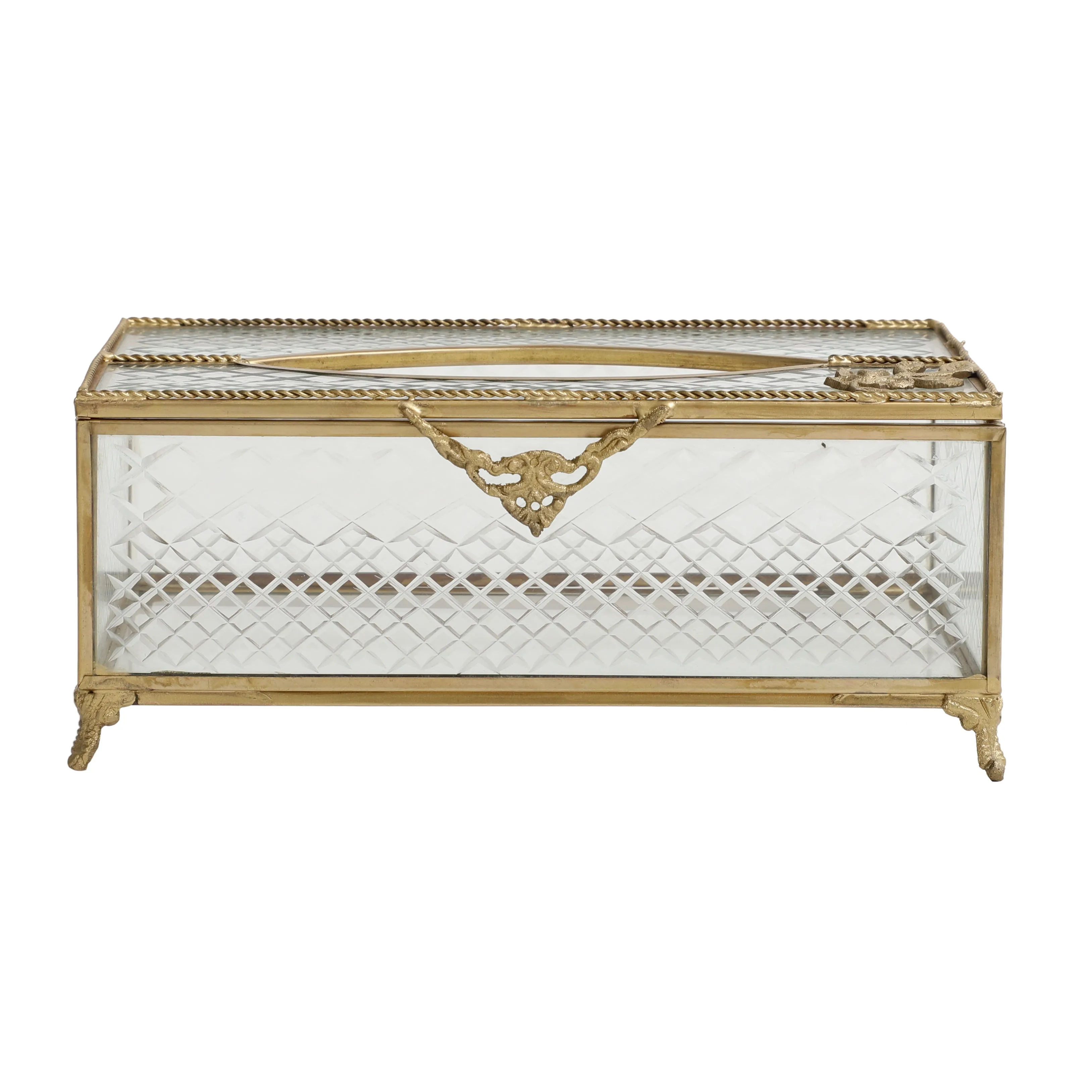 Gleaming Crackle Glass Tissue Box with Antique Brass