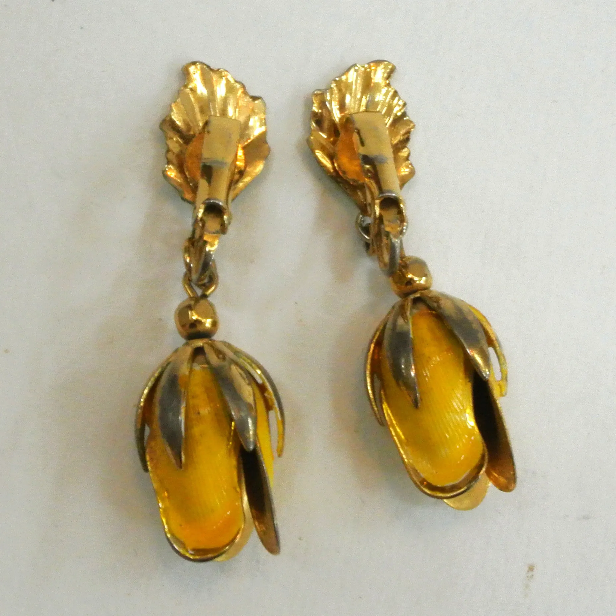 Gold-tone Yellow Enamel Tropical Flower Earrings