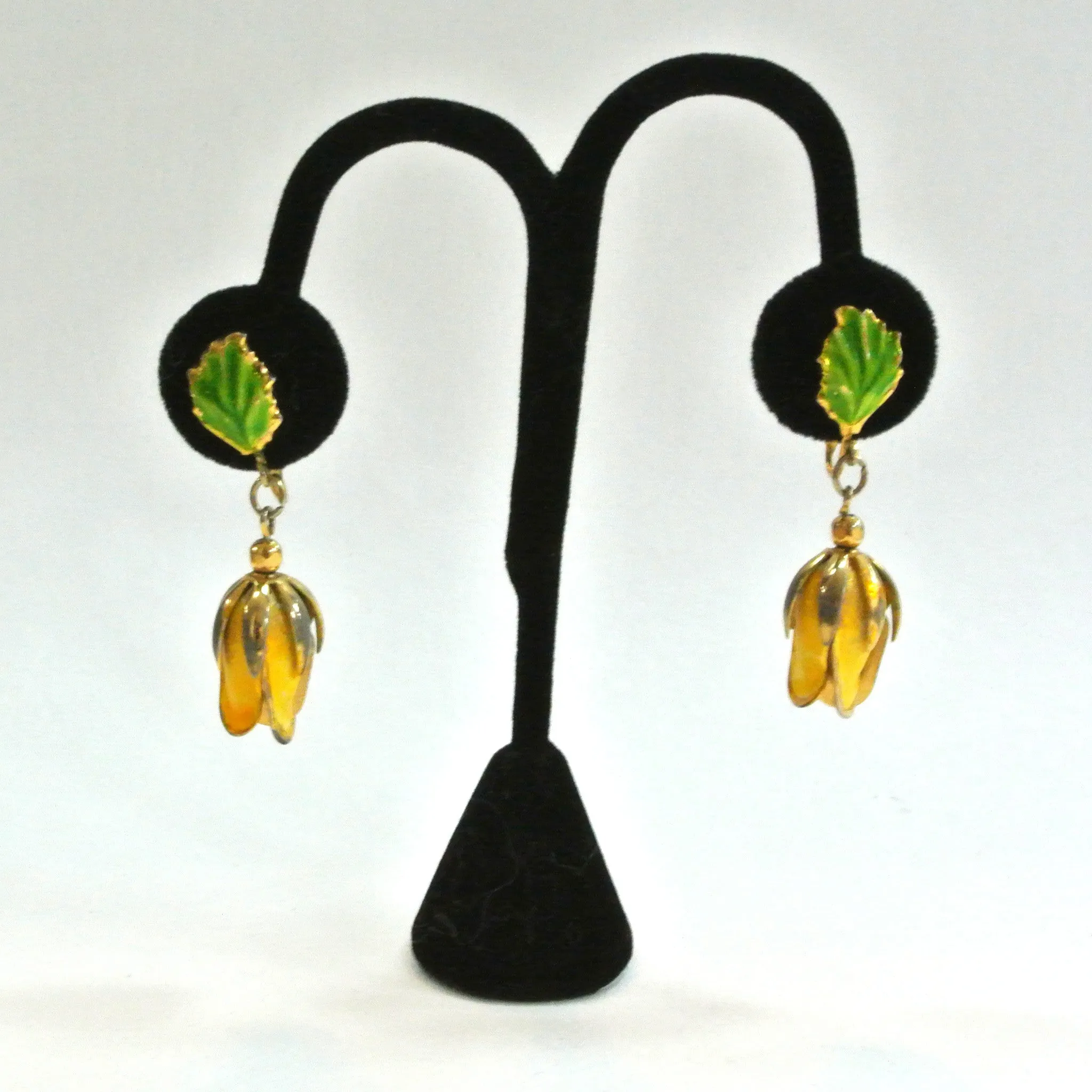 Gold-tone Yellow Enamel Tropical Flower Earrings