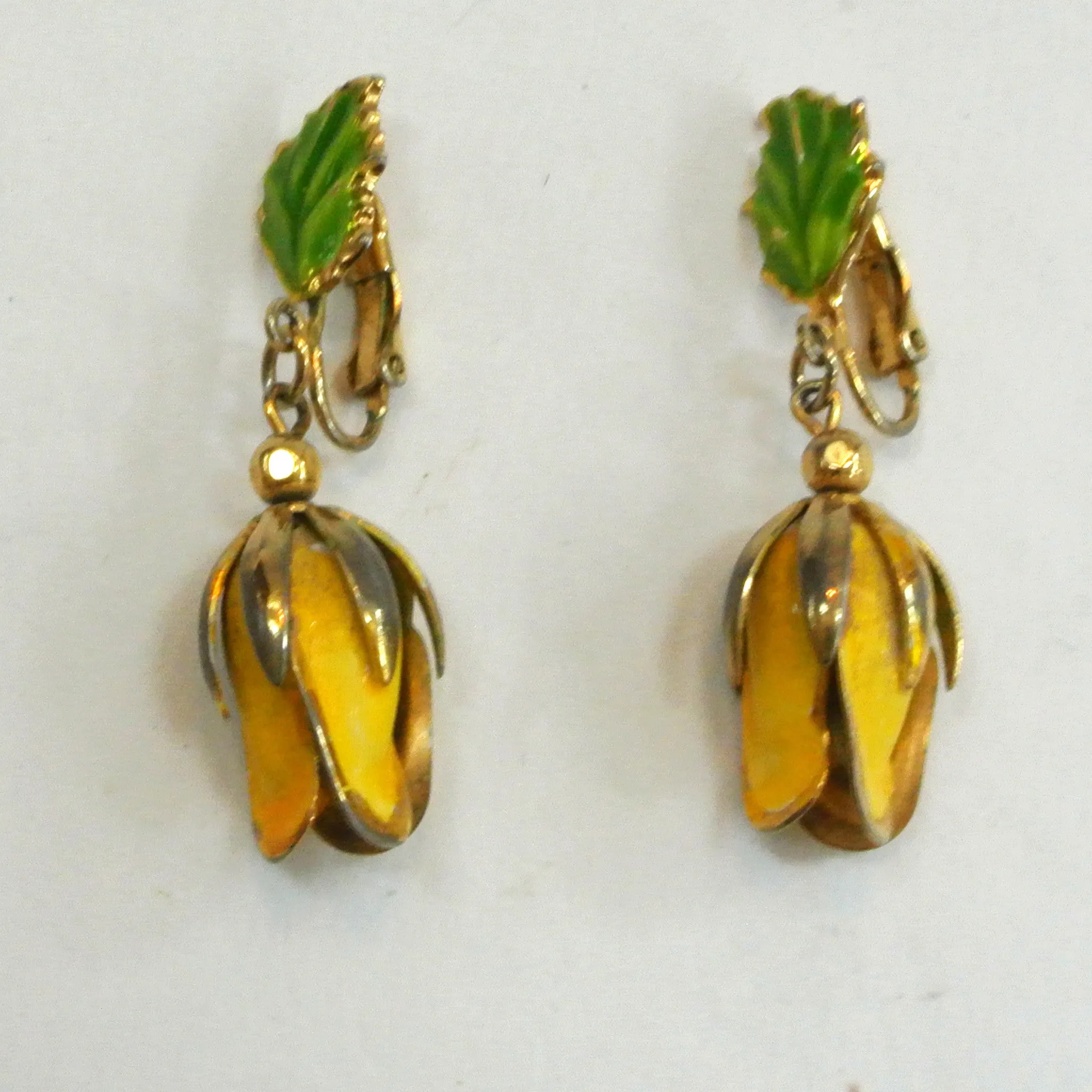 Gold-tone Yellow Enamel Tropical Flower Earrings