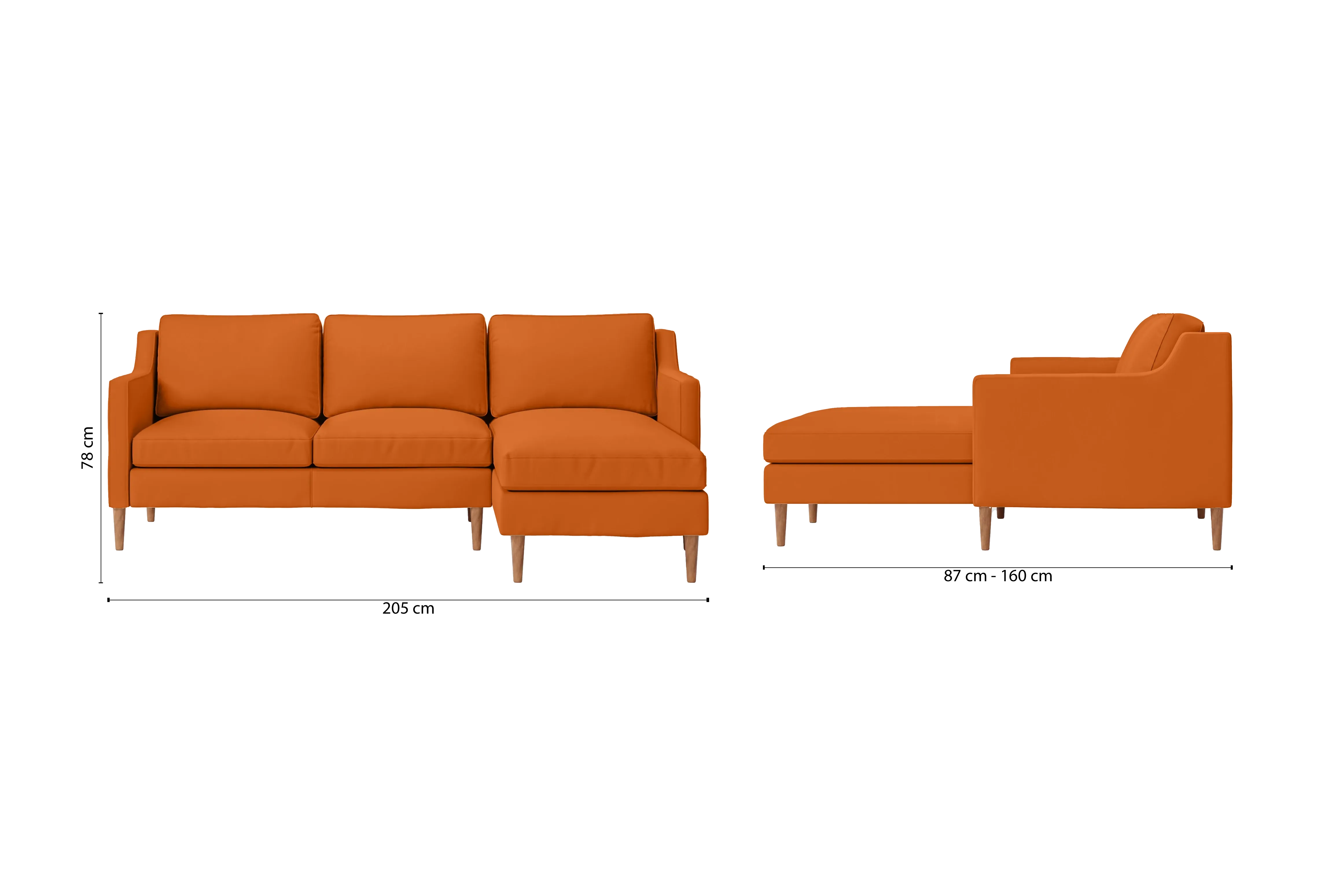 Greco 3 Seater Right Hand Facing Chaise Lounge Corner Sofa Orange Leather