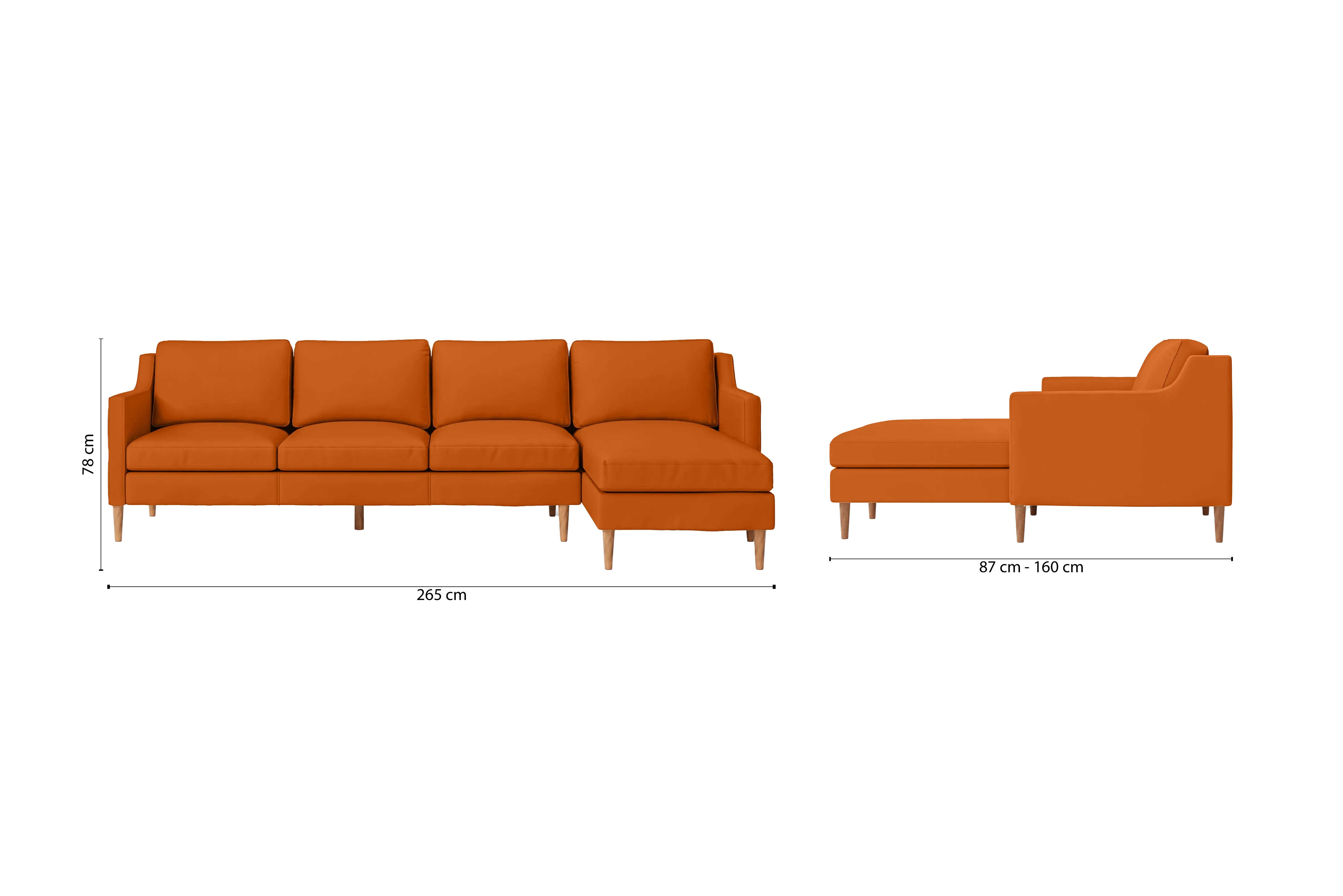 Greco 4 Seater Right Hand Facing Chaise Lounge Corner Sofa Orange Leather