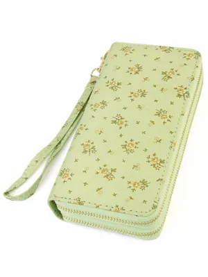 Green Floral Daisy Double Zipper Wallet Clutch Organizer