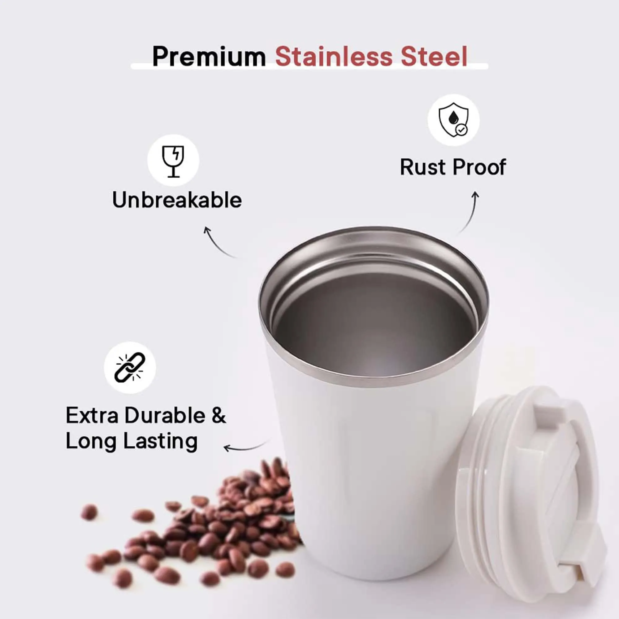 Homestic Insulated Coffee Tumbler Mug with Lid for Office, Gym & Travel | Stainless Steel Leak-Proof Thermos for Tea/Coffee/Water - Ideal for Hot & Cold Beverages | CO230204B-White