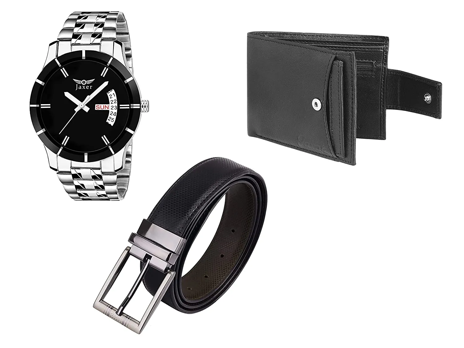 Jaxer Belt, Wallet & Watch Combo  (Black, Silver) - JXBWC3002