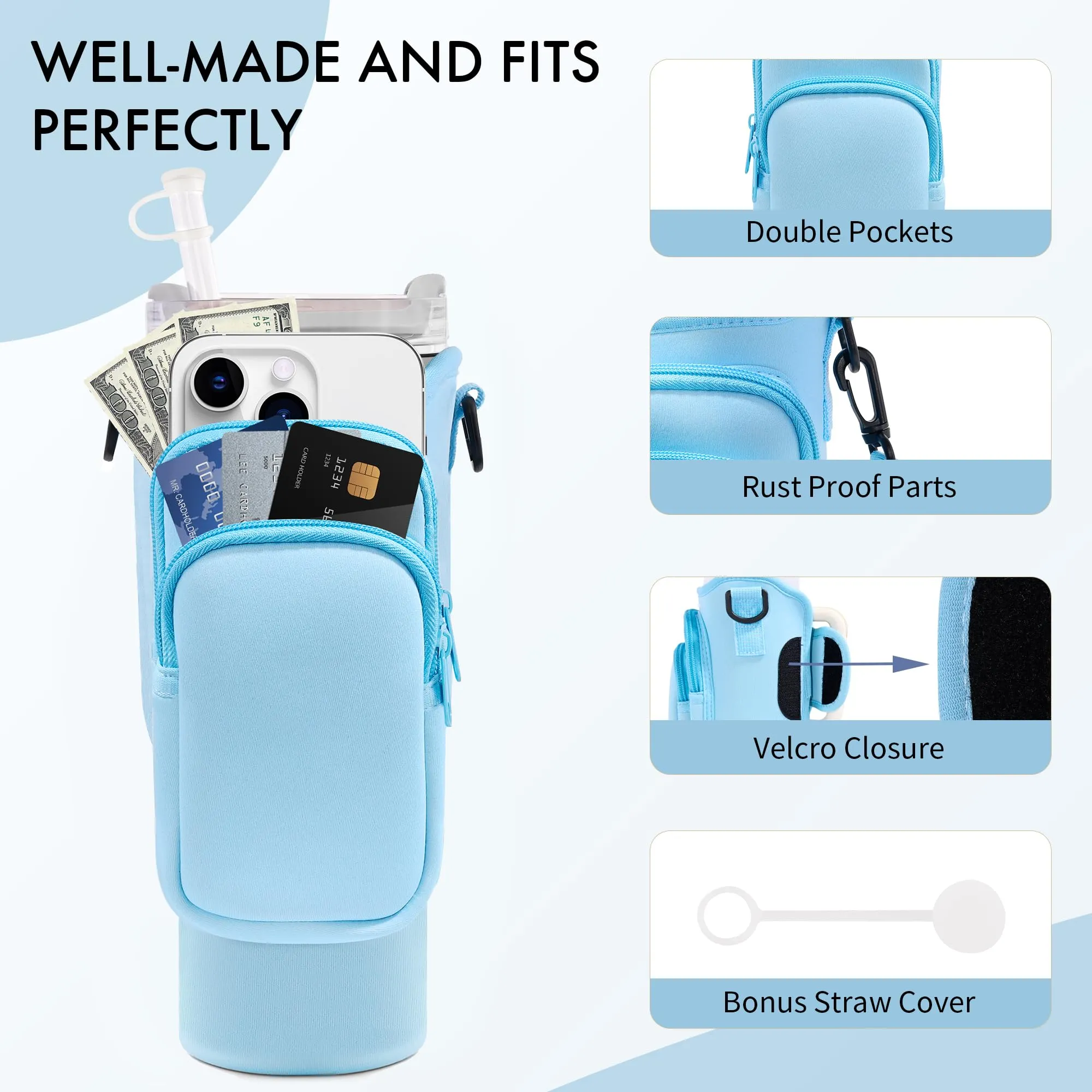 JEBEALUO Water Bottle Carrier Bag with Phone Pocket for Stanley Cup 40/30 oz, Water Bottle Holder with Adjustable Strap& Straw Cover, Stanley Cup Accessories (Blue)