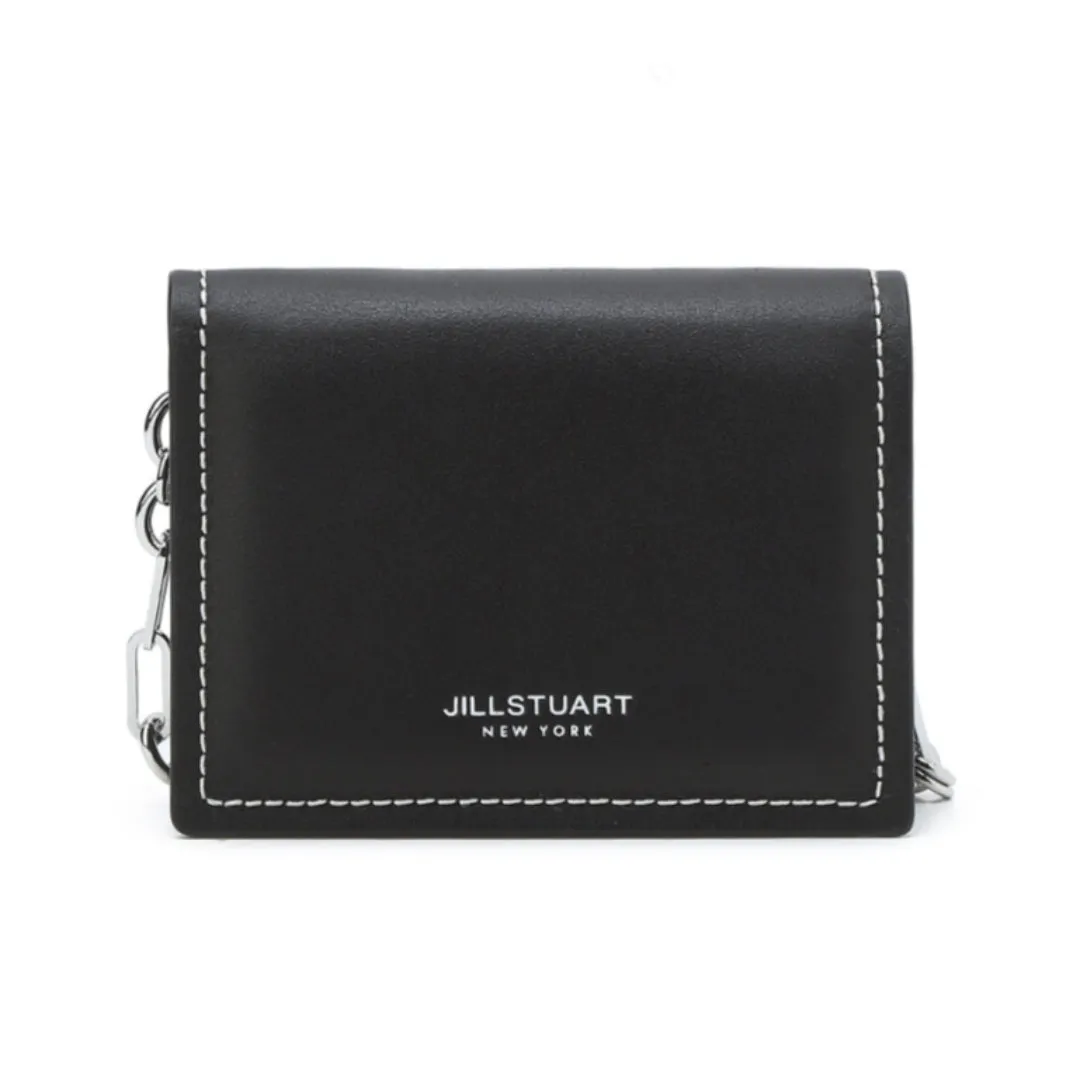 JILLSTUART NEW YORK Black Stitched Cowhide Half Wallet Folding Mini Wallet Detachable Chain Strap Stylish Design / from Seoul, Korea