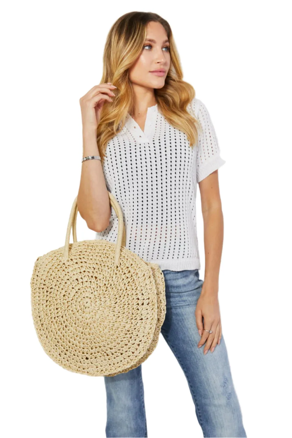 Justin Taylor Beach Date Straw Rattan Handbag in Ivory