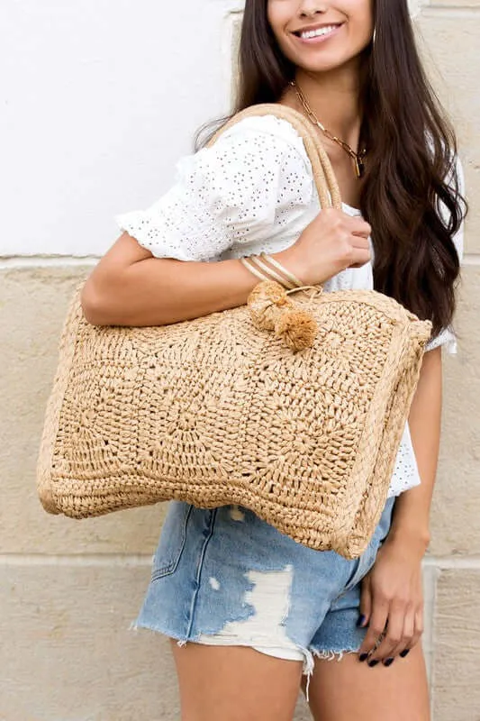 Khaki Straw Traveler Tote