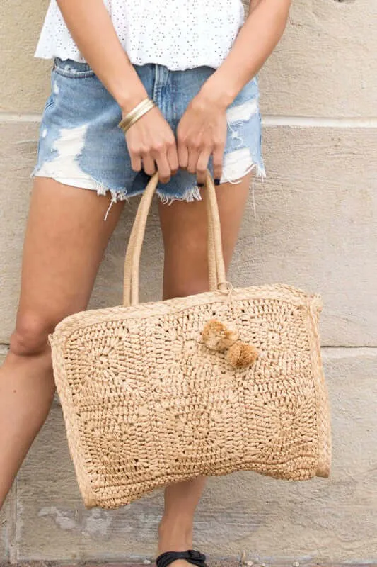 Khaki Straw Traveler Tote