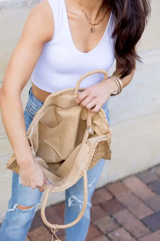 Khaki Straw Traveler Tote