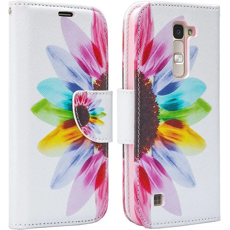 LG K7, LG Tribute 5, LG Treasure Wallet Case, Wrist Strap [Kickstand] Pu Leather Wallet Case with ID & Credit Card Slots - Sun Flower