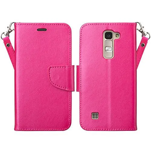 LG Leon LTE Case | Lg Tribute 2 Case | LG Power | LG Sunset | LG Destiny | LG Risio Case, Wrist Strap Flip Folio [Kickstand Feature] Pu Leather Wallet Case with ID & Credit Card Slots - Hot Pink