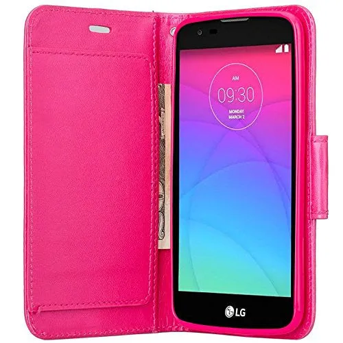 LG Leon LTE Case | Lg Tribute 2 Case | LG Power | LG Sunset | LG Destiny | LG Risio Case, Wrist Strap Flip Folio [Kickstand Feature] Pu Leather Wallet Case with ID & Credit Card Slots - Hot Pink