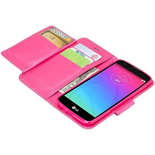 LG Leon LTE Case | Lg Tribute 2 Case | LG Power | LG Sunset | LG Destiny | LG Risio Case, Wrist Strap Flip Folio [Kickstand Feature] Pu Leather Wallet Case with ID & Credit Card Slots - Hot Pink