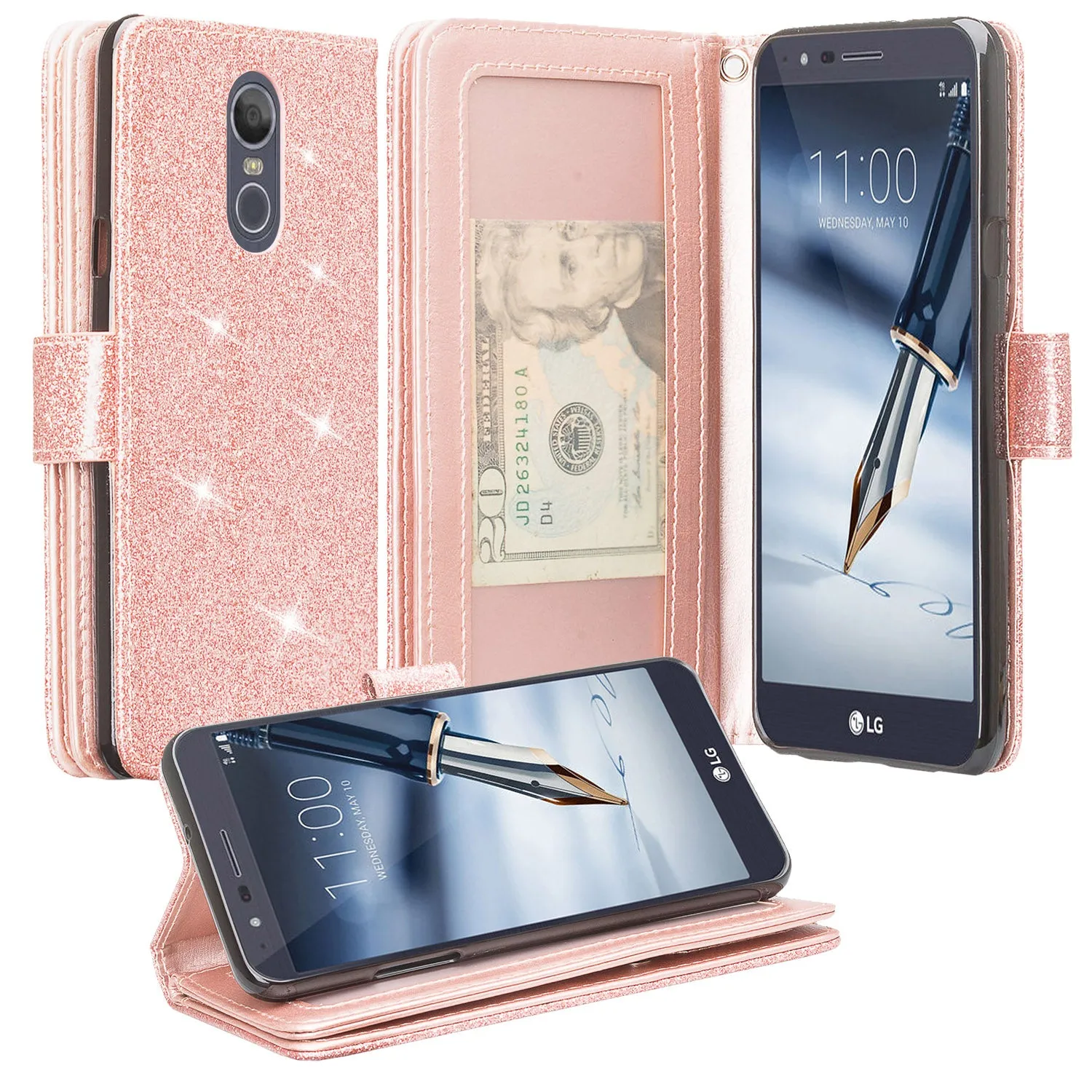 LG Prime 2 Case,Aristo 4 /Aristo 4 Plus Case, Glitter Faux Leather Flip Credit Card Holder Wrist Strap Shockproof Protective Wallet Case Clutch for LG Prime 2/Aristo 4 /Aristo 4 Plus - Rose Gold