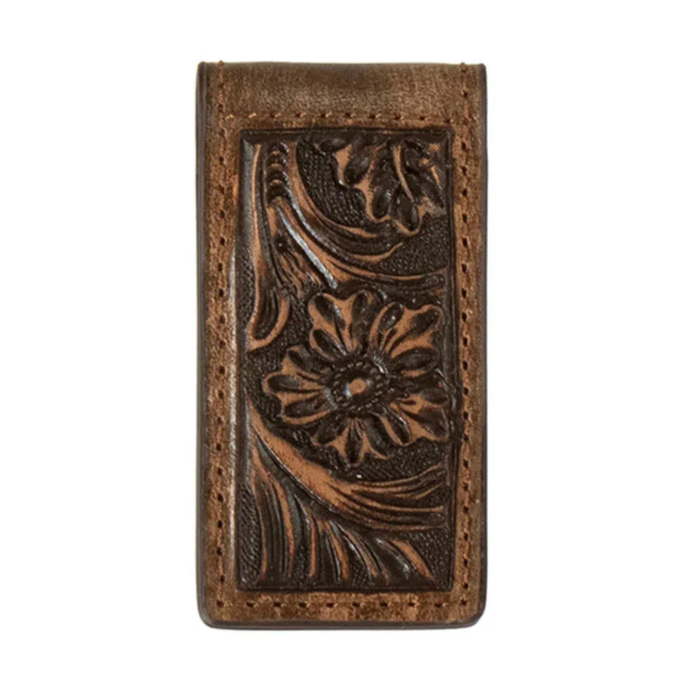 Magnetic Money Clip Floral Embossed Leather - Brown