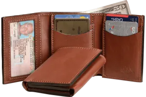 Medium Brown Premium Leather Trifold Wallet With ID Window