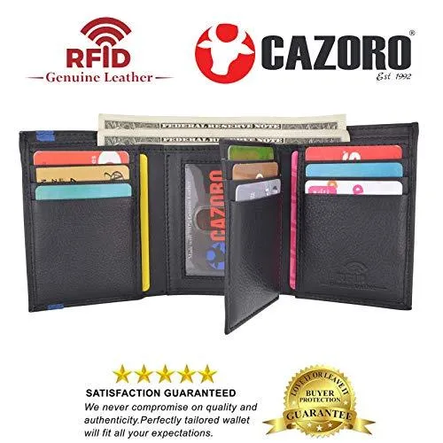 Men's Genuine Soft Leather RFID Trifold Wallet 2 ID Windows & Credit Card Holder Black RFID611288