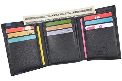 Men's Genuine Soft Leather RFID Trifold Wallet 2 ID Windows & Credit Card Holder Black RFID611288