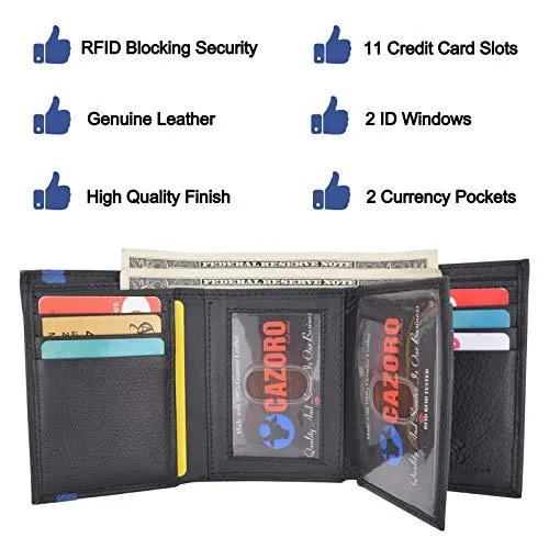 Men's Genuine Soft Leather RFID Trifold Wallet 2 ID Windows & Credit Card Holder Black RFID611288