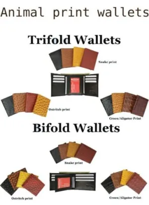 Mens Leather Wallets Ostrich Snakeskin Alligator Print Trifold Bifold to Choose