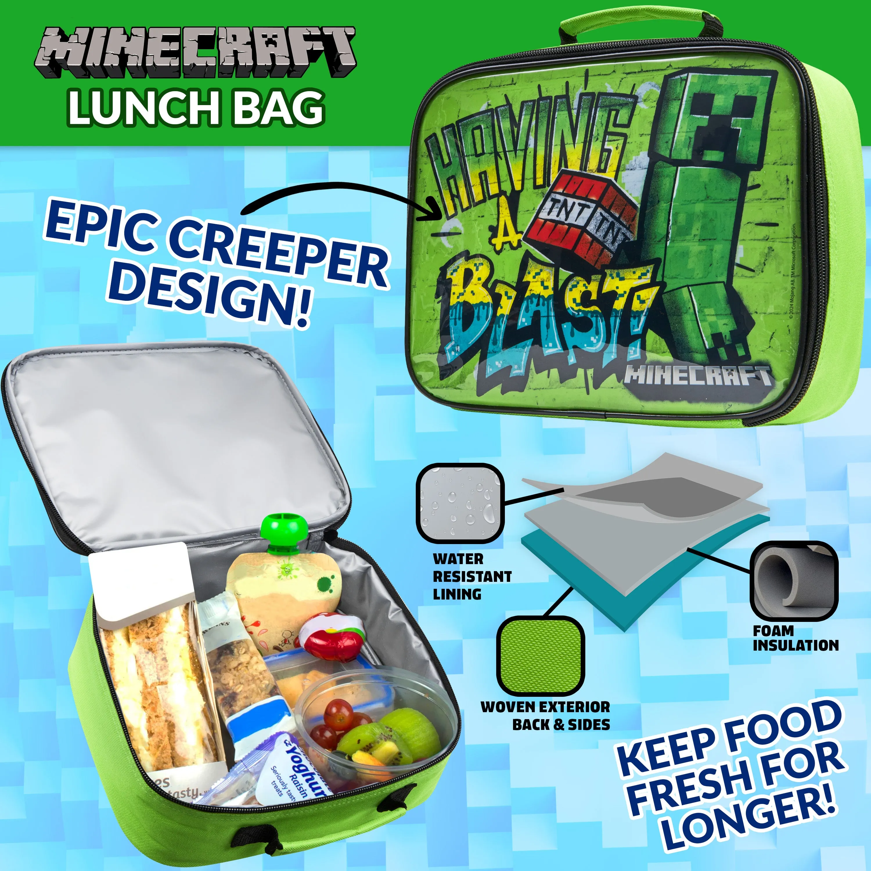 Minecraft Kids Insulated Lunch Bag, Box and Bottle, 3 Piece Set - Gamer Gifts