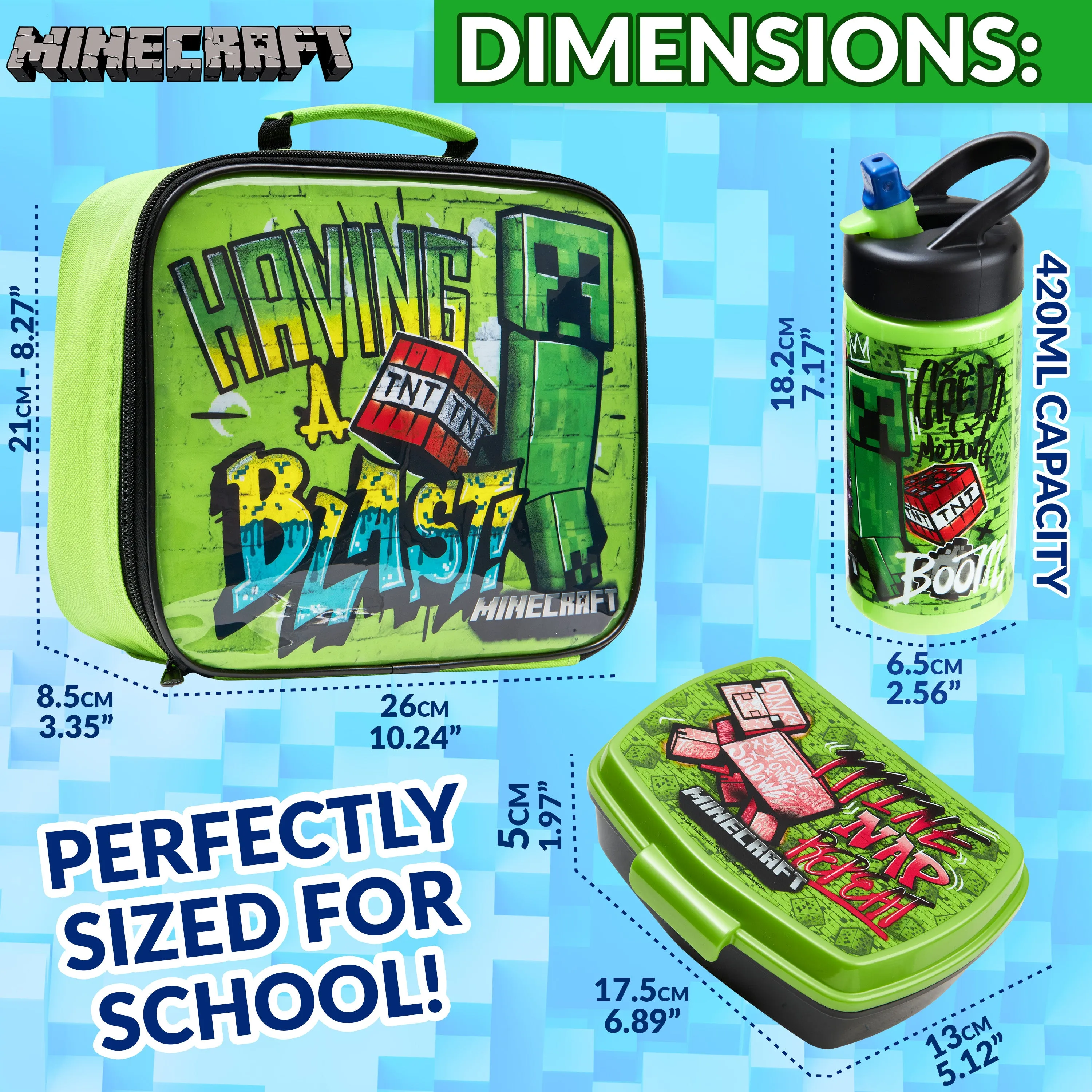 Minecraft Kids Insulated Lunch Bag, Box and Bottle, 3 Piece Set - Gamer Gifts