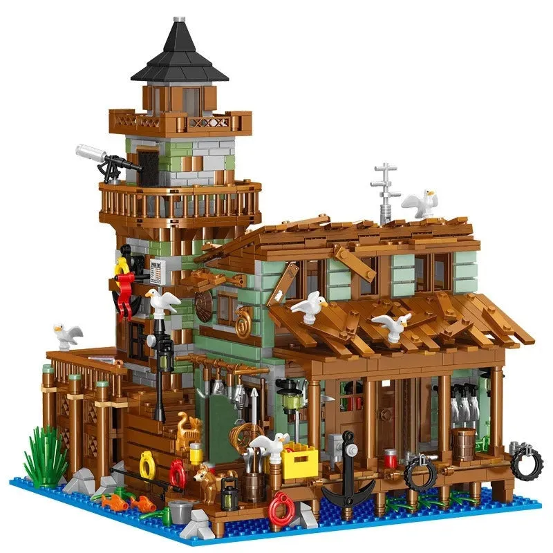 MOC Fisherman Cabin House Pier MINI Bricks Toys