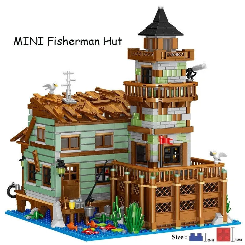 MOC Fisherman Cabin House Pier MINI Bricks Toys