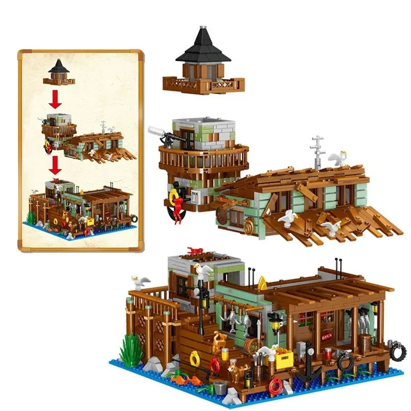 MOC Fisherman Cabin House Pier MINI Bricks Toys