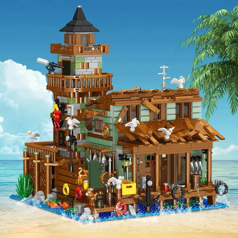 MOC Fisherman Cabin House Pier MINI Bricks Toys