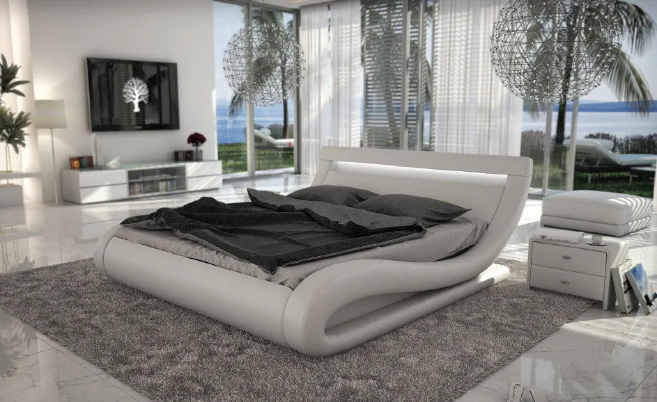 Modrest Corsica - Contemporary White Leatherette Bed with Headboard lights