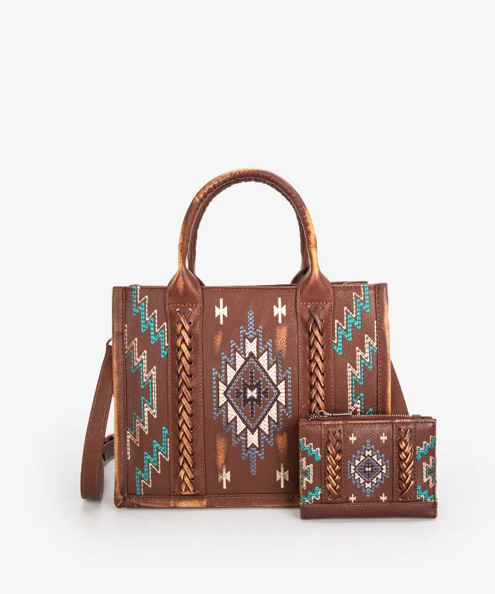 Montana West Aztec Embroidered Distressed Leather Tote Bag Set